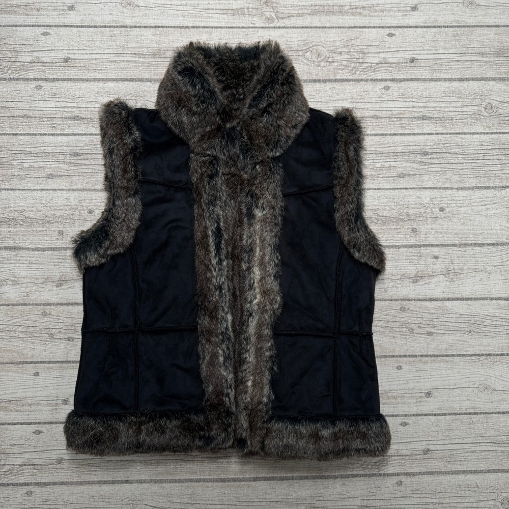 Vintage Faux Suede Vest Women's Medium Black Fur Trim Open Front Boho Plush Chic